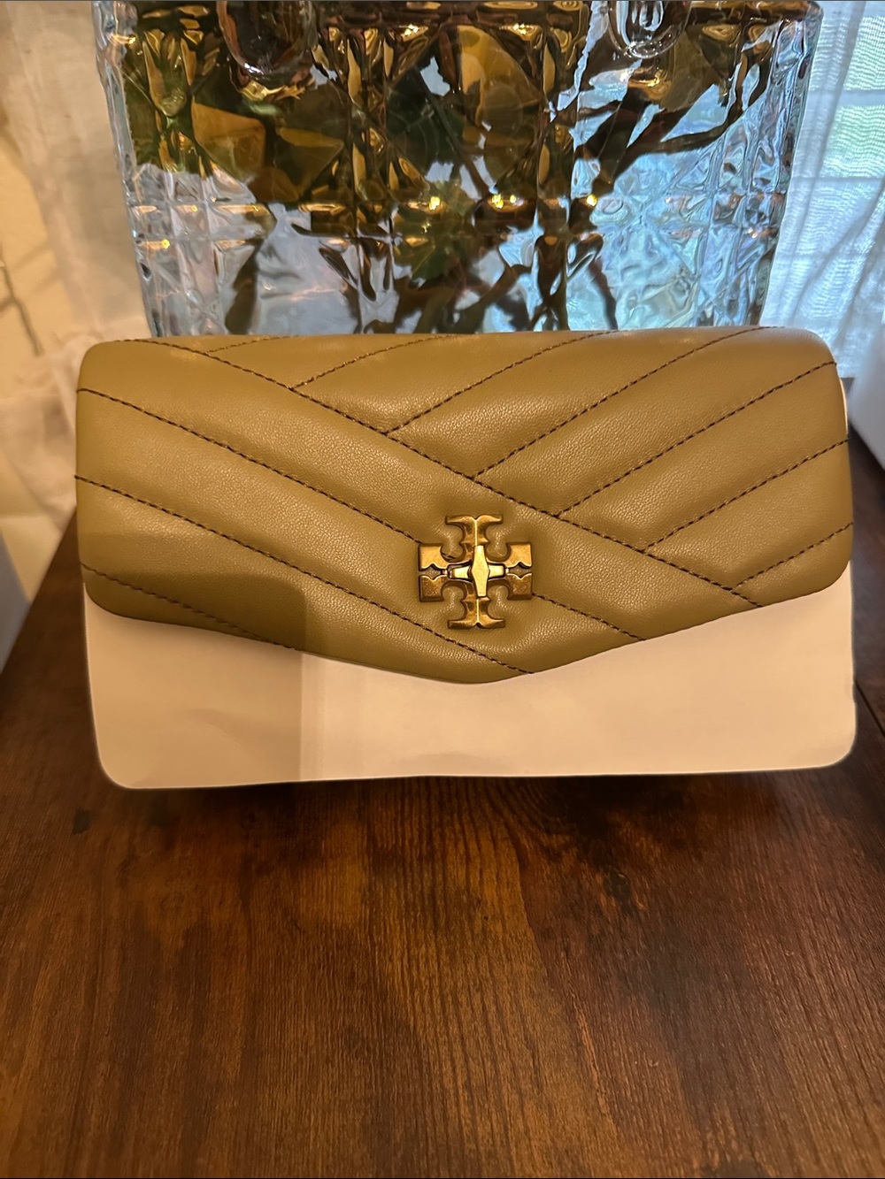 Tory Burch Quilted Chevron Leather Clutch in Pebblestone with Gold Logo